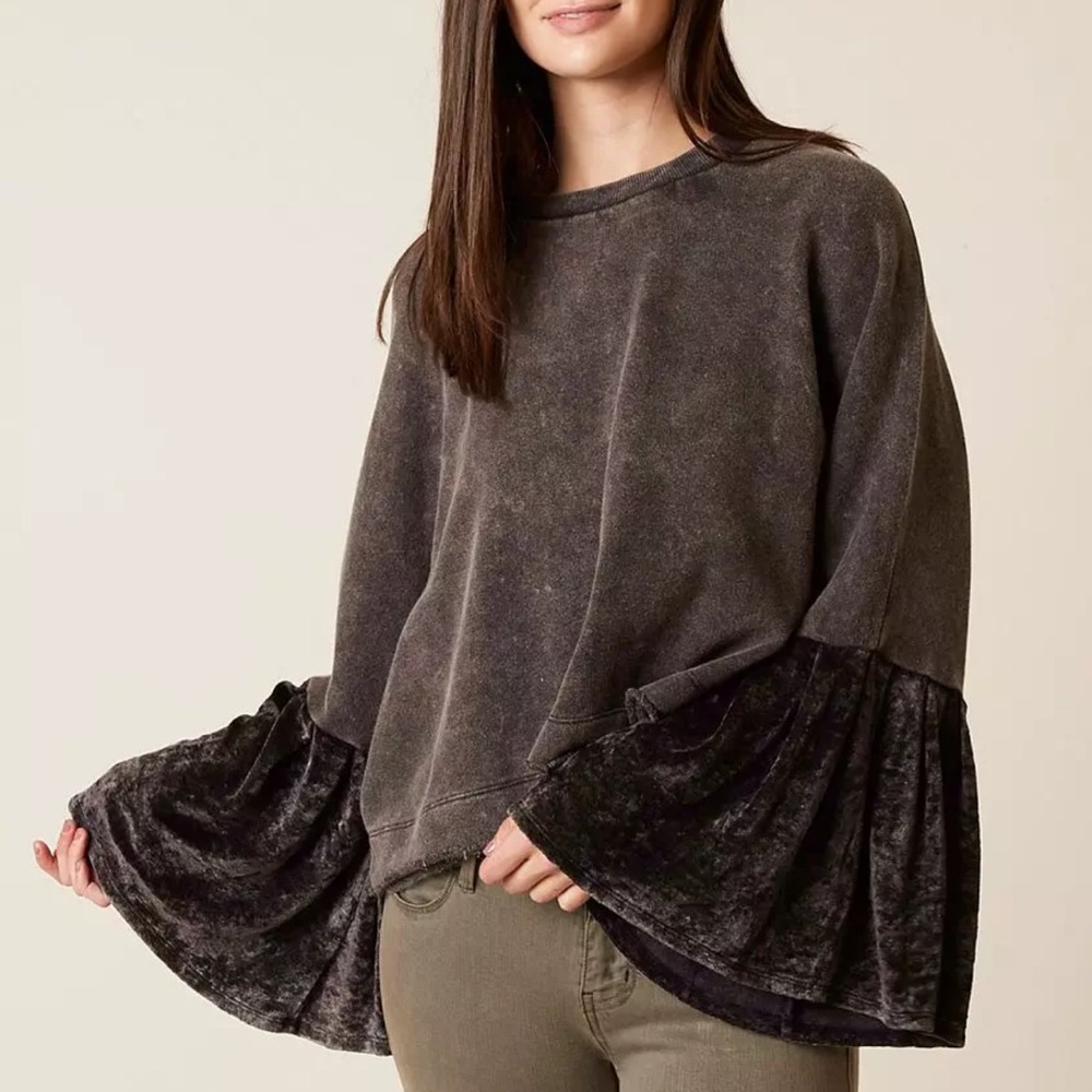 Free People Black Oversized Velvet Bell Sleeve Top